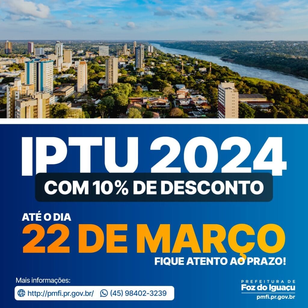 IPTU 2024 Prazo para pagamento à vista ou primeira parcela vence nesta