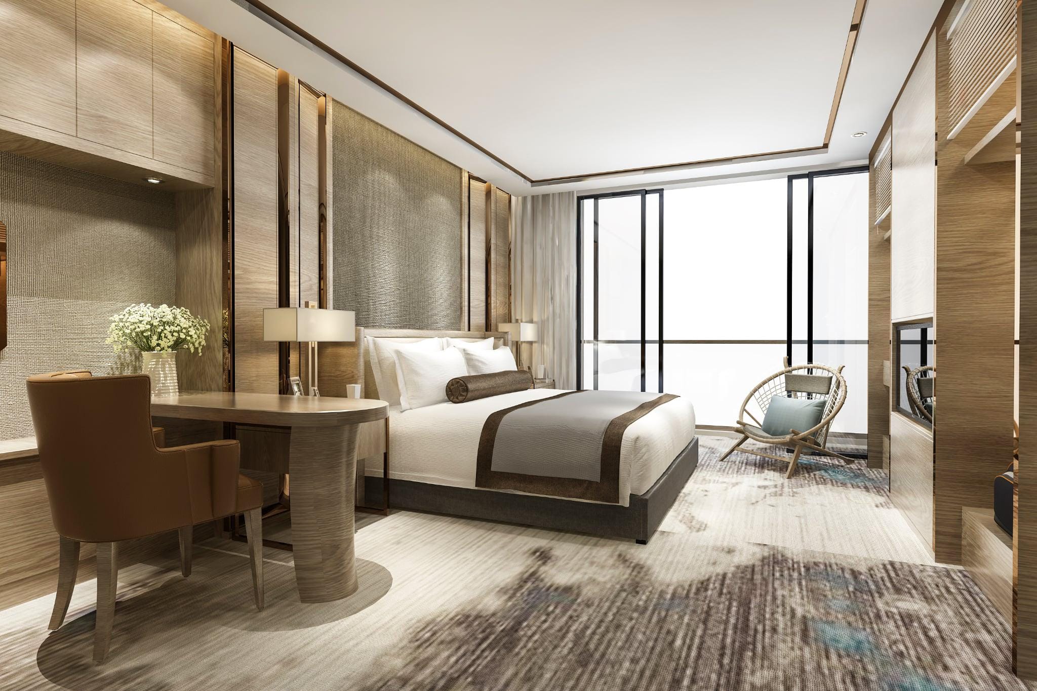 Quarto de hotel moderno e aconchegante em Foz do Iguaçu, com cama de casal, mesa de trabalho e iluminação natural